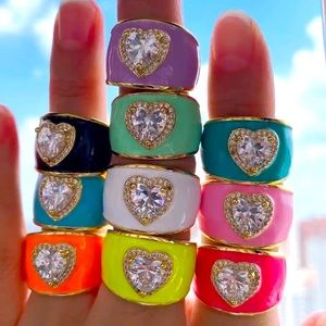 Sky Blue Enamel Ring with Zircon Heart and Pave Crystals